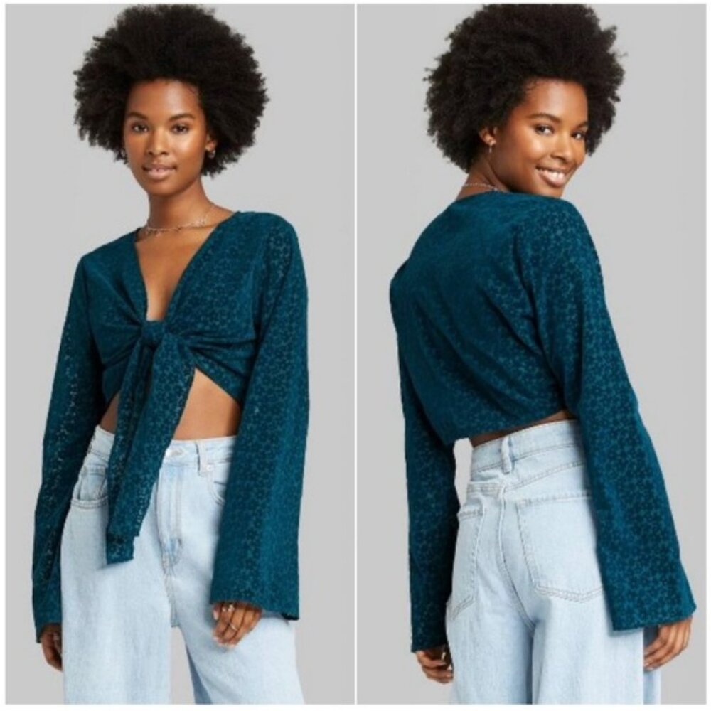 WILD FABLE floral velvet bell sleeve tie front crop top - NWT